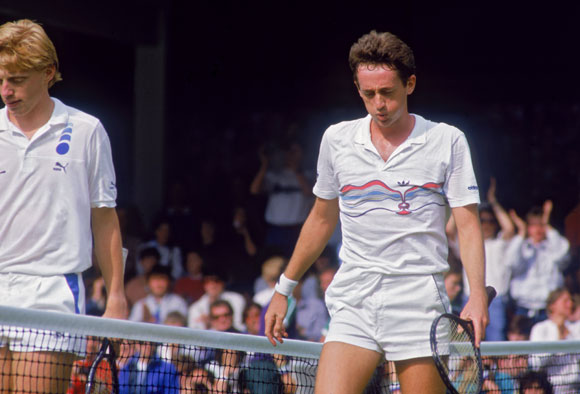 Defending champion Boris Becker of West Germany (left) and unseeded Australian tennis player Peter Doohan in 1987