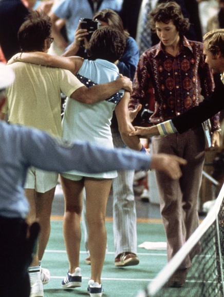 Bobby Riggs of the USA comes off court defeated by Billie Jean-King of the USA after a Battle of the Sexes Challenge