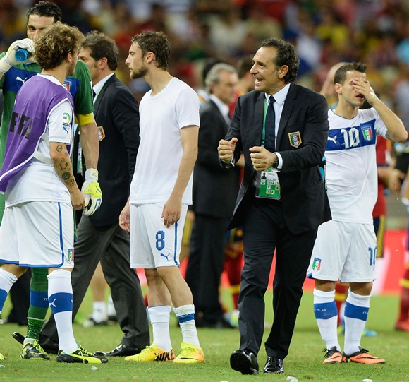 Cesare Prandelli head coach of Italy encourages his players