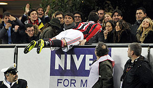 AC Milan's Giampaolo Pazzini celebrates after scoring against Lazio during their Serie A match on Sunday