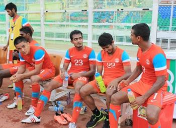 Sunil Chhetri with teammates after India's resounding victory over Guam