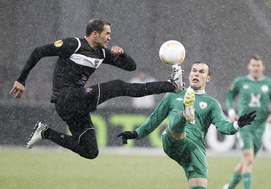 Rubin Kazan's Bebras Natcho (right) fights for the ball with Levante's Juanfran