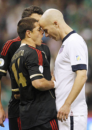 Mexico's Javier Hernandez (left) and Michael Bradley of the U.S. get into an altercation during their 2014 World Cup qualifying match at Azteca stadium in Mexico Cityon Tuesday