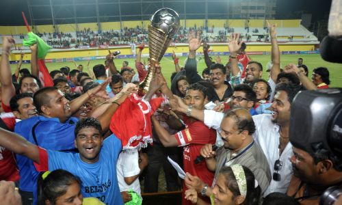 Churchill Brothers celebrate after winning the I-League