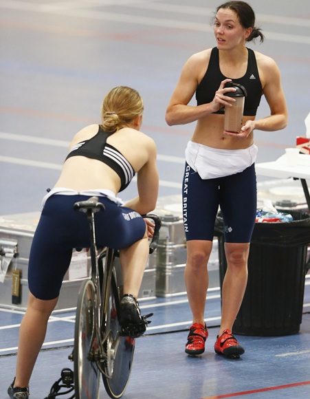 Victoria Pendleton (right) chats with Jess Varnish