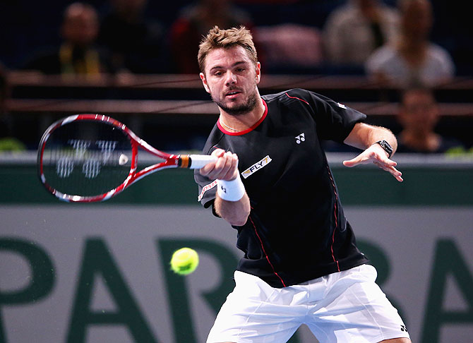 Stanislas Wawrinka of Switzerland in action in his match against Nicolas Almagro of Spain the BNP Paribas Masters at Palais Omnisports de Bercy in Paris on Thursday