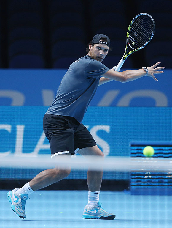 Rafael Nadal lines up to play a forehand during a practice session prior to the start of ATP World Tour Finals Tennis at O2 Arena on in London on Sunday