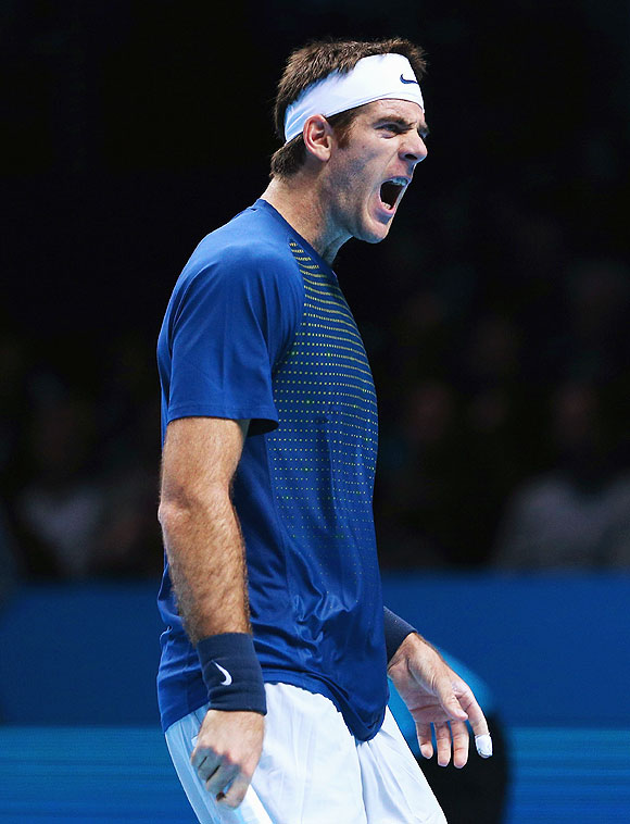 Juan Martin Del Potro of Argentina shows his frustration in his men's singles match against Novak Djokovic of Serbia at the ATP World Tour Finals at O2 Arena in London on Thursday