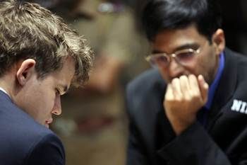Carlsen and Anand during Game 5 of the World Chess Championship