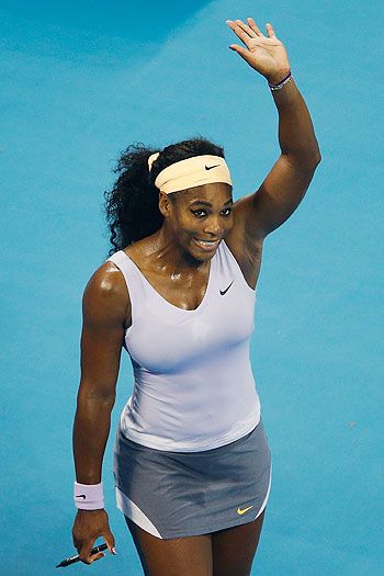 Serena Williams of the United States celebrates winning against Agnieszka Radwanska of Poland on Saturday