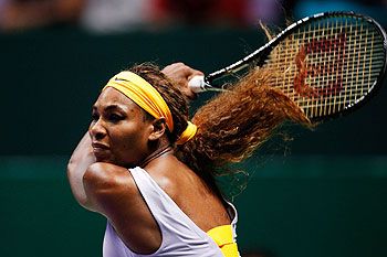 Serena Williams of the United States hits a backhand to Petra Kvitova of Czech Republic during day three of the TEB BNP Paribas WTA Championships in Istanbul