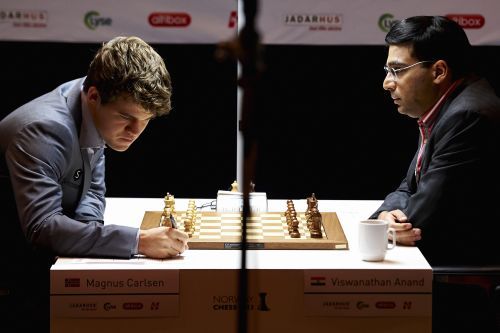 Magnus Carlsen and Viswanathan Anand during the 2013 World Chess Championship