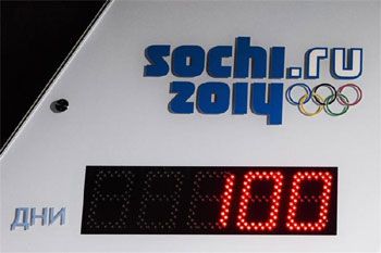 A digital display marks 100 days left to the start of the 2014 Winter Olympics