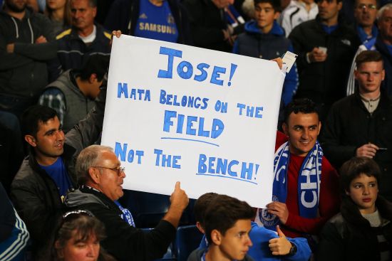 Chelsea fans hold up a sign for Jose Mourinho