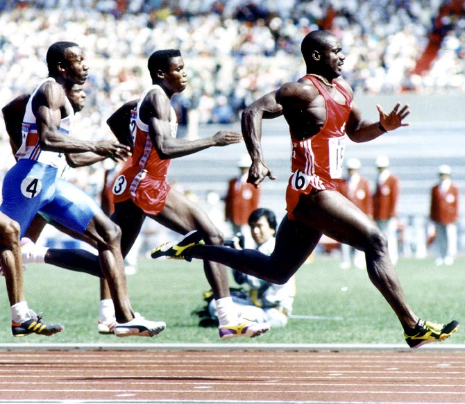Ben Johnson leads in the men's 100 metres final at the 1988 Summer Olympic Games in Seoul on September 24, 1988
