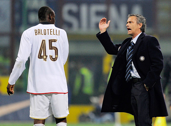 Mario Balotelli receives instructions from coach Jose Mourinho during his time with Inter Milan in 2009