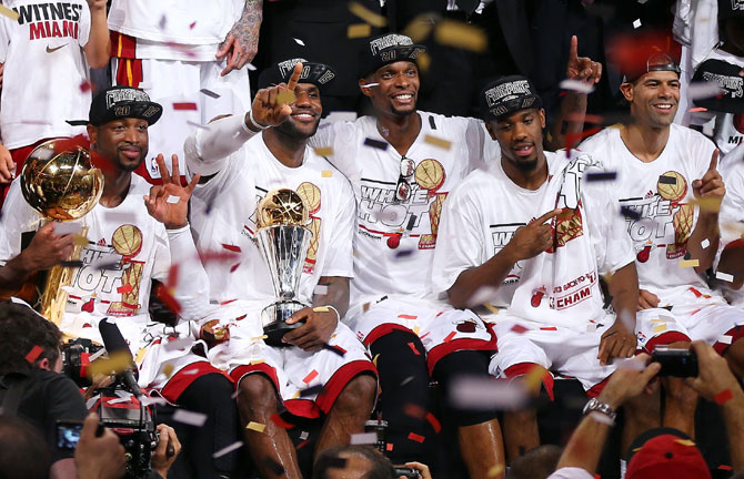Dwyane Wade #3, LeBron James #6, Chris Bosh #1, Norris Cole #30 and Shane Battier #31 of the Miami Heat celebrate after defeating the San Antonio Spurs 95-88 to win Game Seven of the 2013 NBA Finals