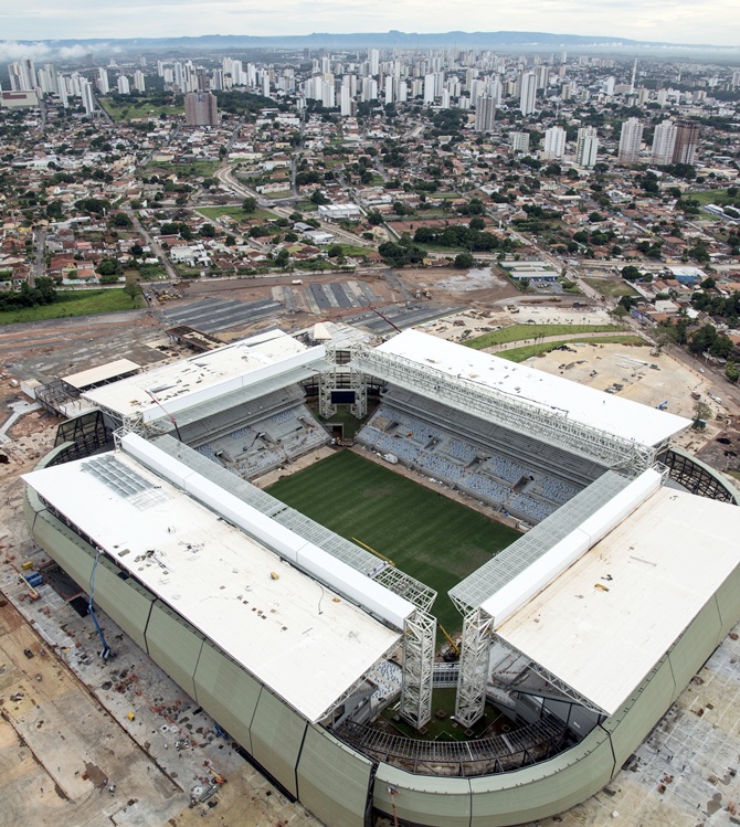 An aerial view of the construction of the Arena Pantanal soccer stadium, which will host several matches of the 2014 World Cup, in Cuiaba