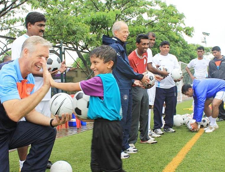 India's football coach Wim Koevermans (extreme left) with Asian Football Confederation B License course coaches at the Cooperage football ground in Mumbai