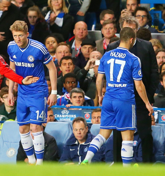 Eden Hazard of Chelsea is replaced by Andre Schurrle of Chelsea