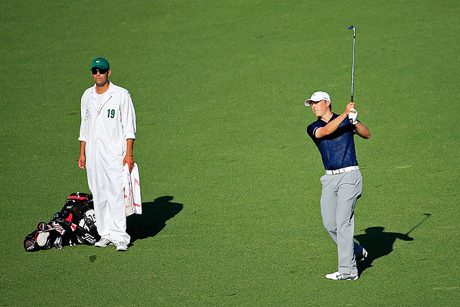 Jordan Spieth of the United States hits a shot on the 15th hole during the third round of the Augusta Masters on Saturday
