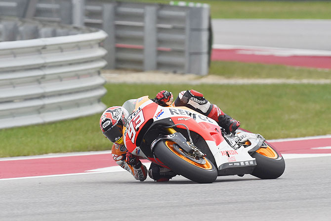 Marc Marquez of Spain and Repsol Honda Team rounds the bend during the MotoGp Red Bull U.S. Grand Prix of The Americas - Free Qualifying at Circuit of The Americas on in Austin, Texas on Saturday