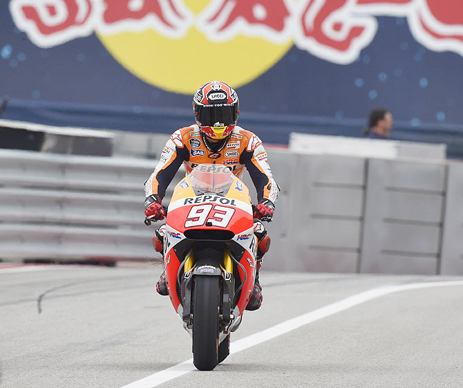 Marc Marquez of Spain and Repsol Honda Team celebrates at the end of the MotoGp Red Bull U.S. Grand Prix of The Americas race at Circuit of The Americas on Sunday