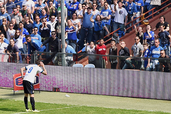 Mauro Icardi of Inter Milan annoys Sampdoria spectators as he celebrates after scoring the opening goal on Sunday