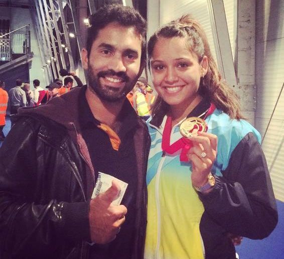 Dipika Pallikal was joined by Dinesh Karthik after winning the the Glasgow 2014 squash doubles gold with Joshna Chinappa 