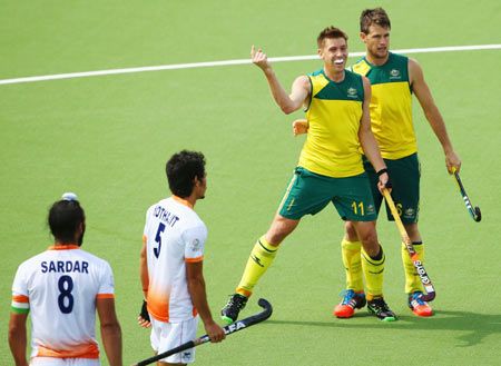 Eddie Ockenden celebrates Australia's winning goal against India at the Commonwealth Games on Sunday