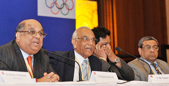 N Ramachandran, V D Nanavati, Rajeev Mehta and Anil Khanna during the press   conference after the Indian Olympic Association election in New Delhi