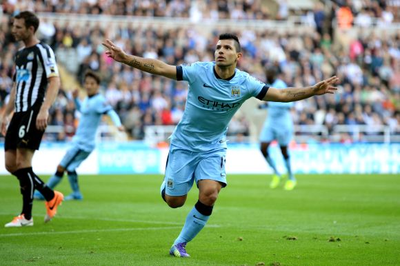 Sergio Aguero of Manchester City celebrates after scoring his team's second goal during the Barclays Premier League match between Newcastle United and Manchester City 