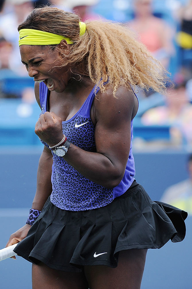 Serena Williams reacts during the final match against Ana Ivanovic of Serbia on Sunday