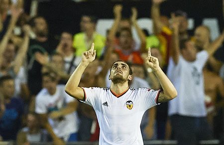 Paco Alcacer of Valencia celebrates after scoring during the La Liga match between Valencia CF and Malaga CF at Estadi de Mestalla on Friday