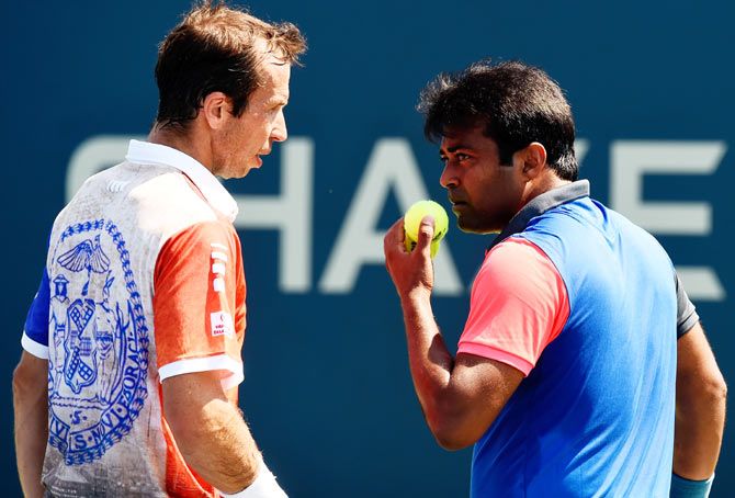 Leander Paes (R) of India and Radek Stepanek of the Czech Republic during their men's doubles match 