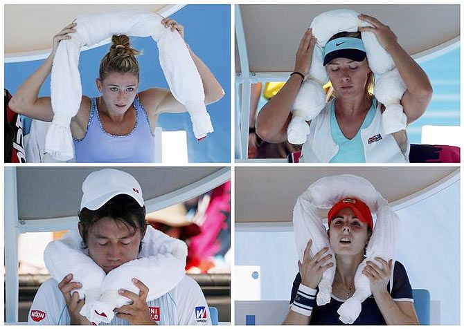 A combination photograph shows players, Camila Giorgi of Italy (top left), Maria Sharapova of Russia (top right), Kei Nishikori of Japan (bottom left), and Alize Cornet of France (bottom right) putting ice-packed towels around their neck during a break in their particular single's matches at the Australian Open 2014 tennis tournament in Melbourne on January 16, 2014