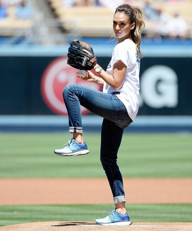 Actress Jessica Alba throws out the first pitch