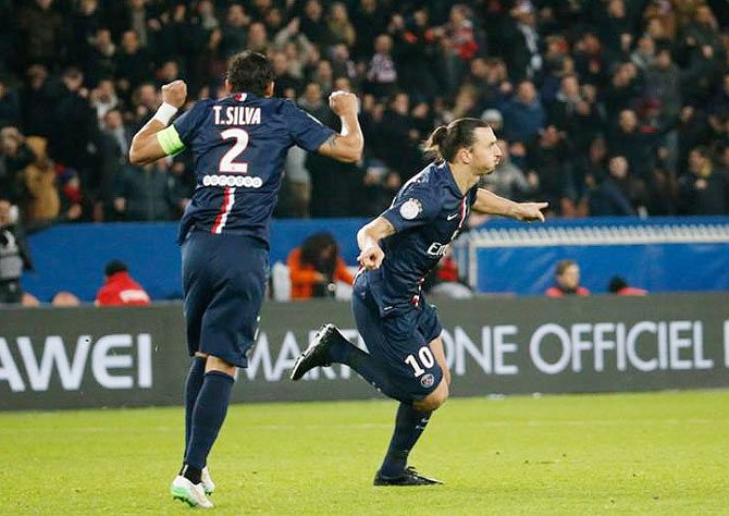 PSG'S Zlatan Ibrahimovic celebrates after scoring