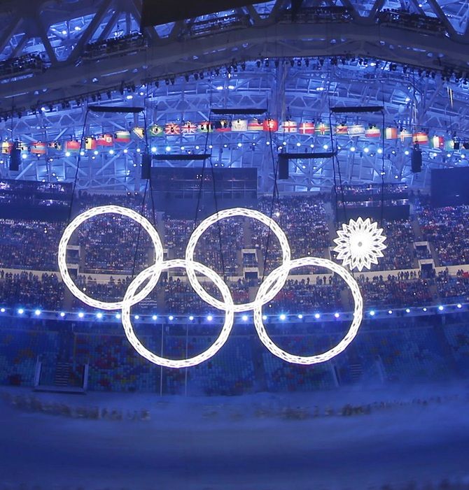 Four of five Olympic Rings are seen lit up during the opening ceremony of the 2014 Sochi   Winter Olympics