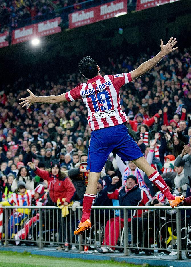 Diego Costa of Atletico de Madrid celebrates scoring against Real Sociedad during their La Liga match at Vicente Calderon Stadium in Madrid on Sunday