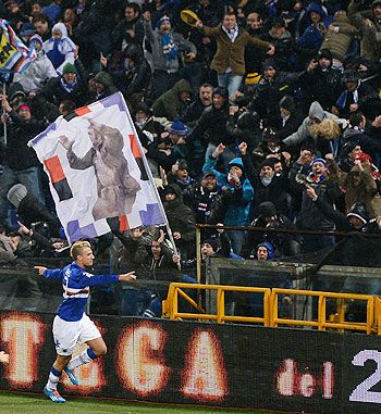 Maxi Lopez of Sampdoria celebrates after scoring the opening goal during the Serie A match between Genoa and Sampdoria at Stadio Luigi Ferraris in Genoa on Monday