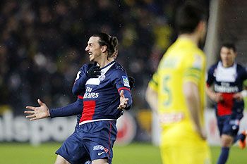 Paris Saint-Germain's Zlatan Ibrahimovic celebrates after scoring against FC Nantes during their French League Cup semi-final at the Beaujoire stadium in Nantes on Tuesday