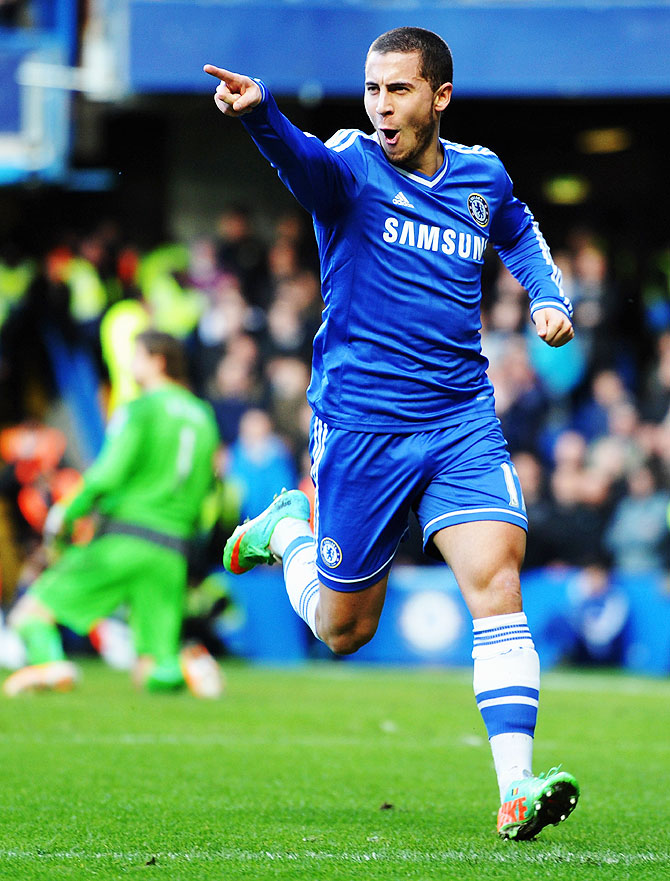 Eden Hazard of Chelsea celebrates after scoring against Newcastle United at Stamford Bridge on Saturday