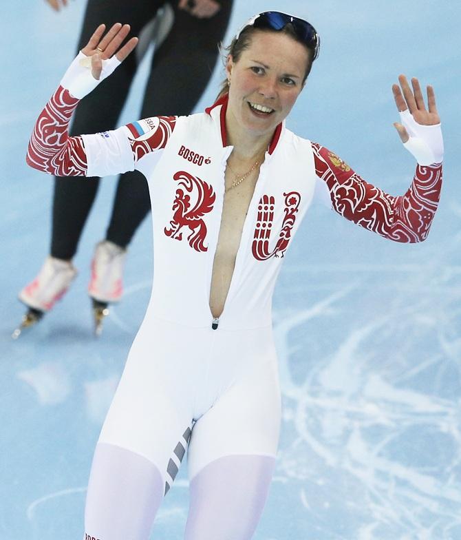 Russia's Olga Graf skates during the women's 3,000 metres speed skating race