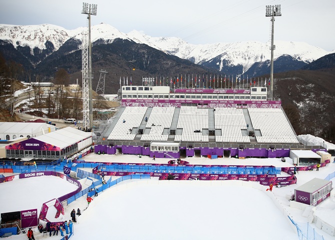 A general view of the grandstand at the Aerials, Half-Pipe and Moguls venue during day two of the Sochi 2014 Winter Olympics.