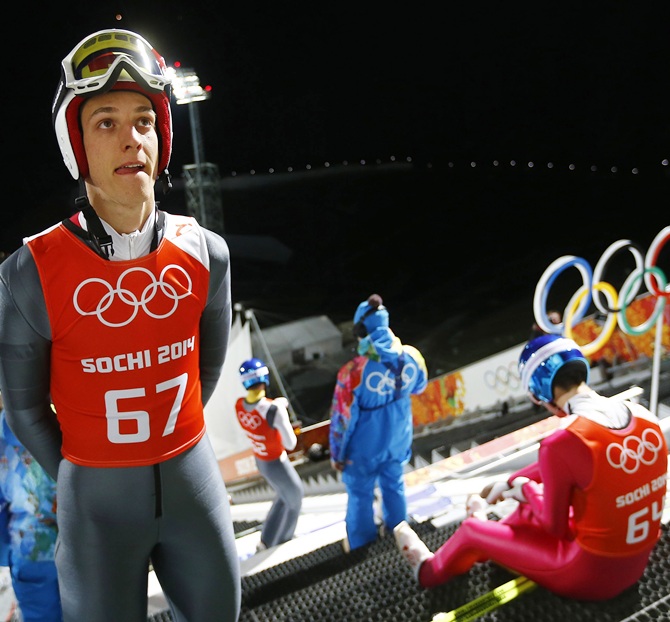 Gregor Schlierenzauer of Austria prepares during the training of the large hill ski jumping event at Sochi.