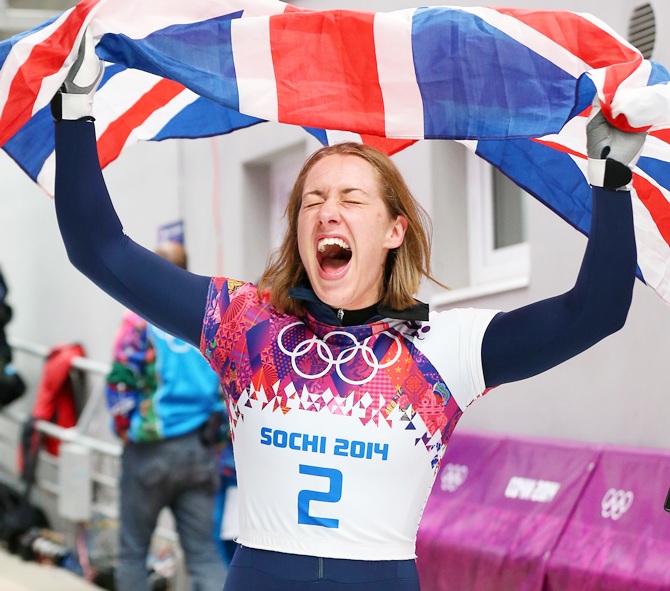 Lizzy Yarnold of Great Britain celebrates winning the gold medal during the Women's Skeleton.