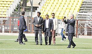 Inaki Alvarez (right) member of the FIFA delegation at the pitch inspection at Cooperage ground in Mumbai on Sunday