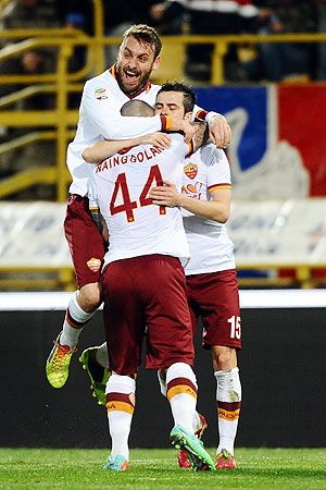 Radja Naingollan # 44 of AS Roma celebrates a fter scoring a goal during the Serie A match between Bologna FC and AS Roma at Stadio Renato Dall'Ara in Bologna on Saturday