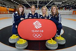 Eve Muirhead, Claire Hamilton, Vicki Adams and Anna Sloan of Great Britain's curling team for the Sochi 2014 Winter Olympic Games at Braehead Curling Rink